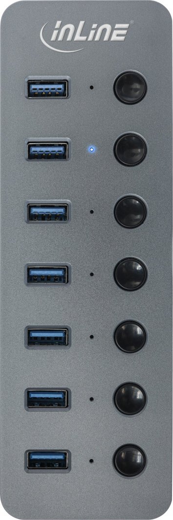USB разделник InLine USB 3.2 Gen 1, 7 порти, со прекинувач, алуминиум, сива