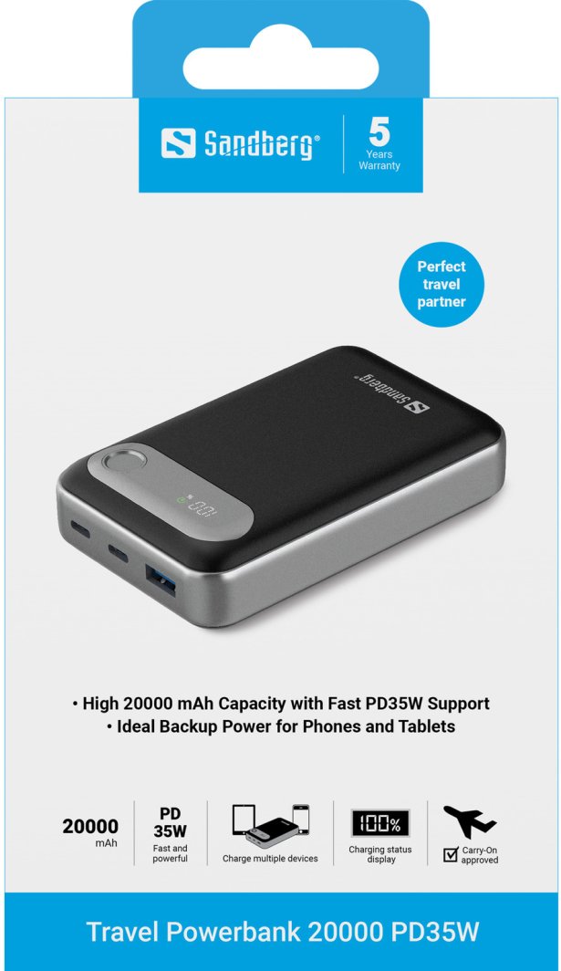 Powerbank Sandberg Travel 421-41, 20000 mAh, PD 35W, 2x USB-C, USB-A, i zi