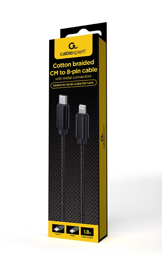 Kabllo Gembird, USB C / Lightning, 1.8 m, e zezë