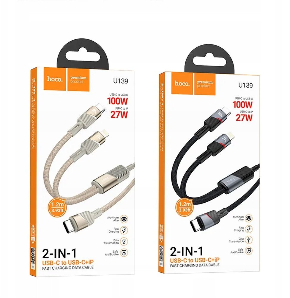 Kabllo karikimi Hoco U139 2in1, Type C në Type C dhe Lightning, 100W, 1.2m, ari