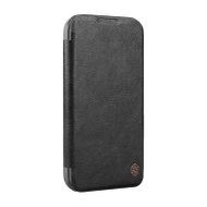 Mbulesë telefoni Nillkin Leather për iPhone 16 Pro Max, flipcase lëkure, mbrojtje me kapak kamere, e zezë