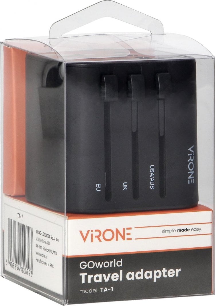 Adapter universal udhëtimi Orno GOworld TA-1, 100-240V, 8A, i zi