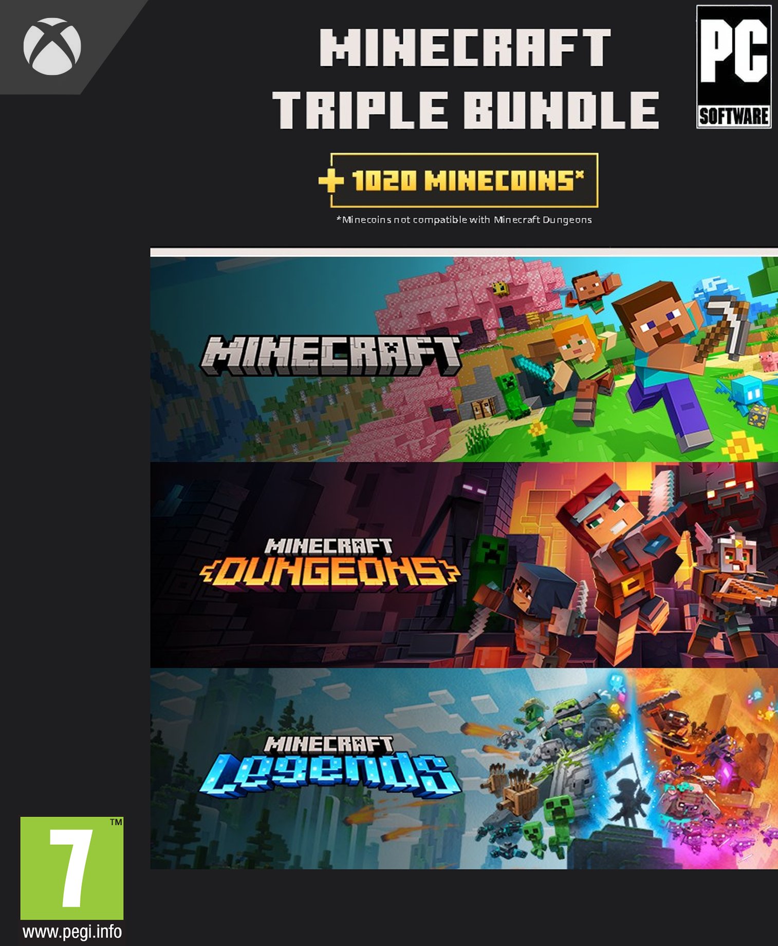 Lojë PC Microsoft Minecraft Triple Bundle, 3 lojëra, 1020 Minecoins, dixhitale