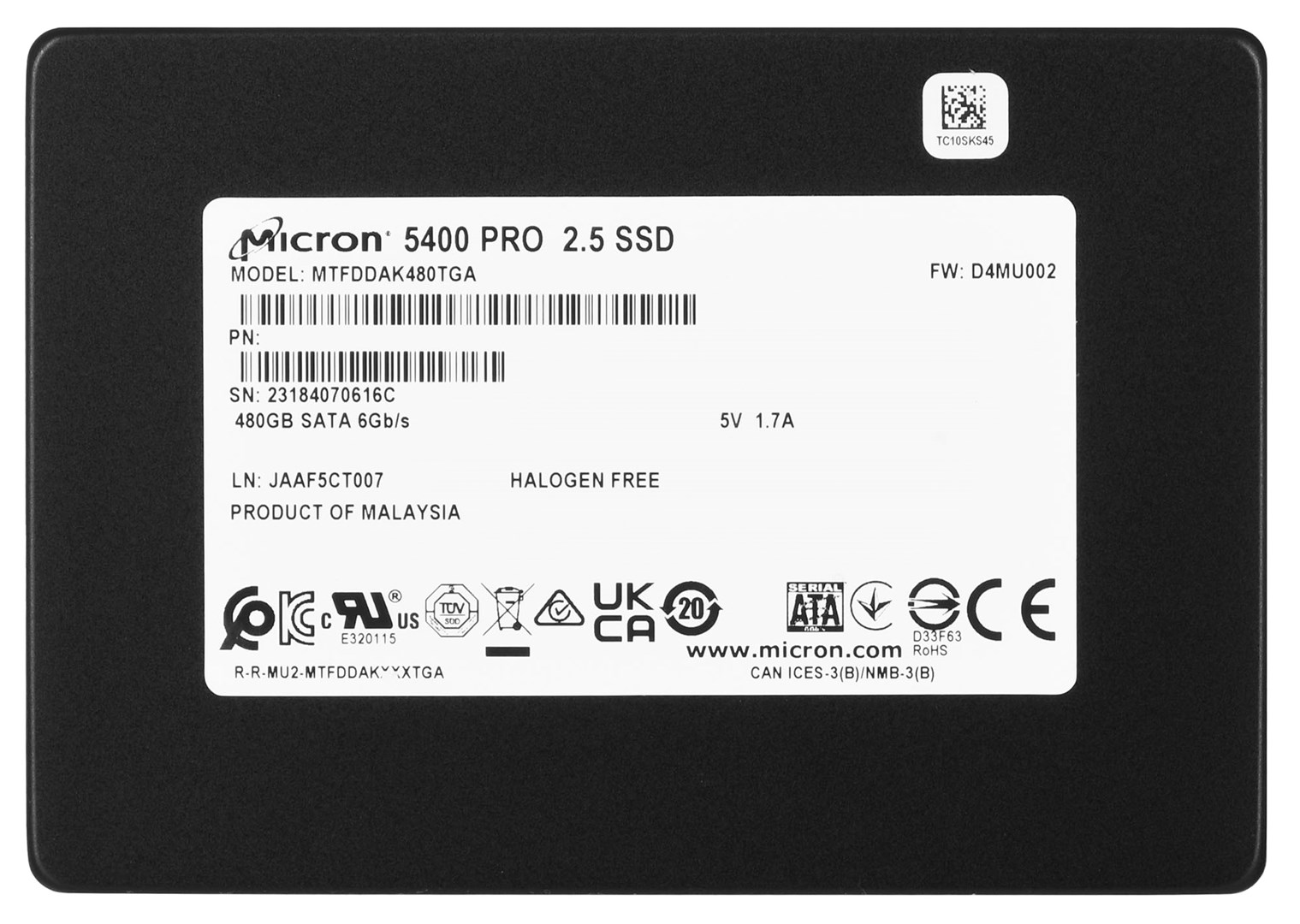 Disk SSD Micron 5400 PRO, 480 GB, 2.5", SATA III, e zezë
