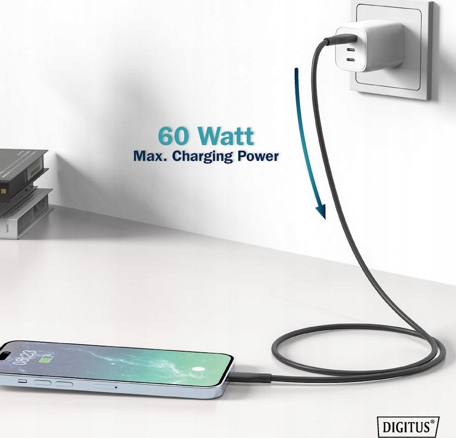Kabllo USB C Digitus Silicone, 1m, 60W, e zezë