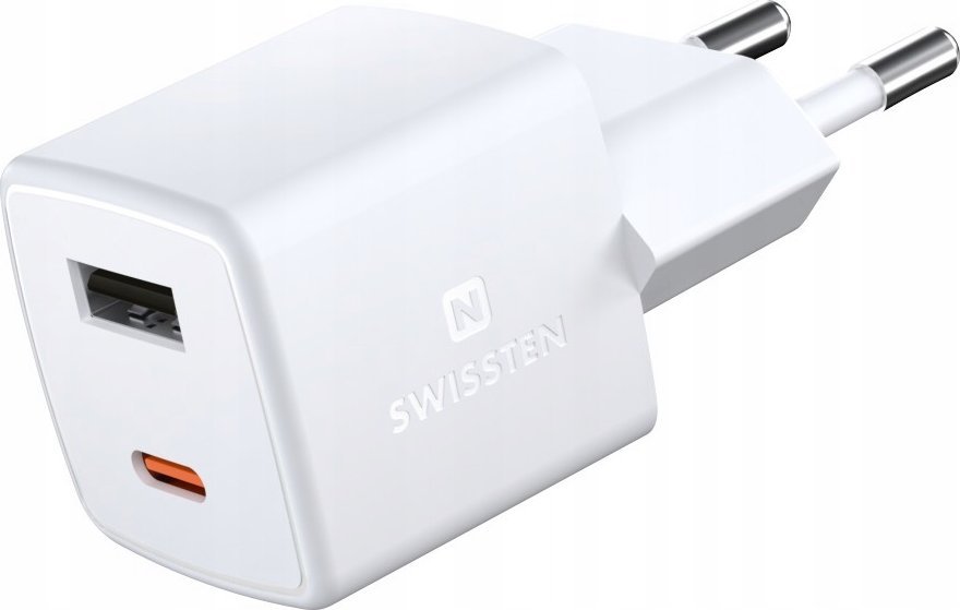 Karikues muri Swissten GaN Mini, 30W Power Delivery, 1x USB C 1x USB, i bardhë