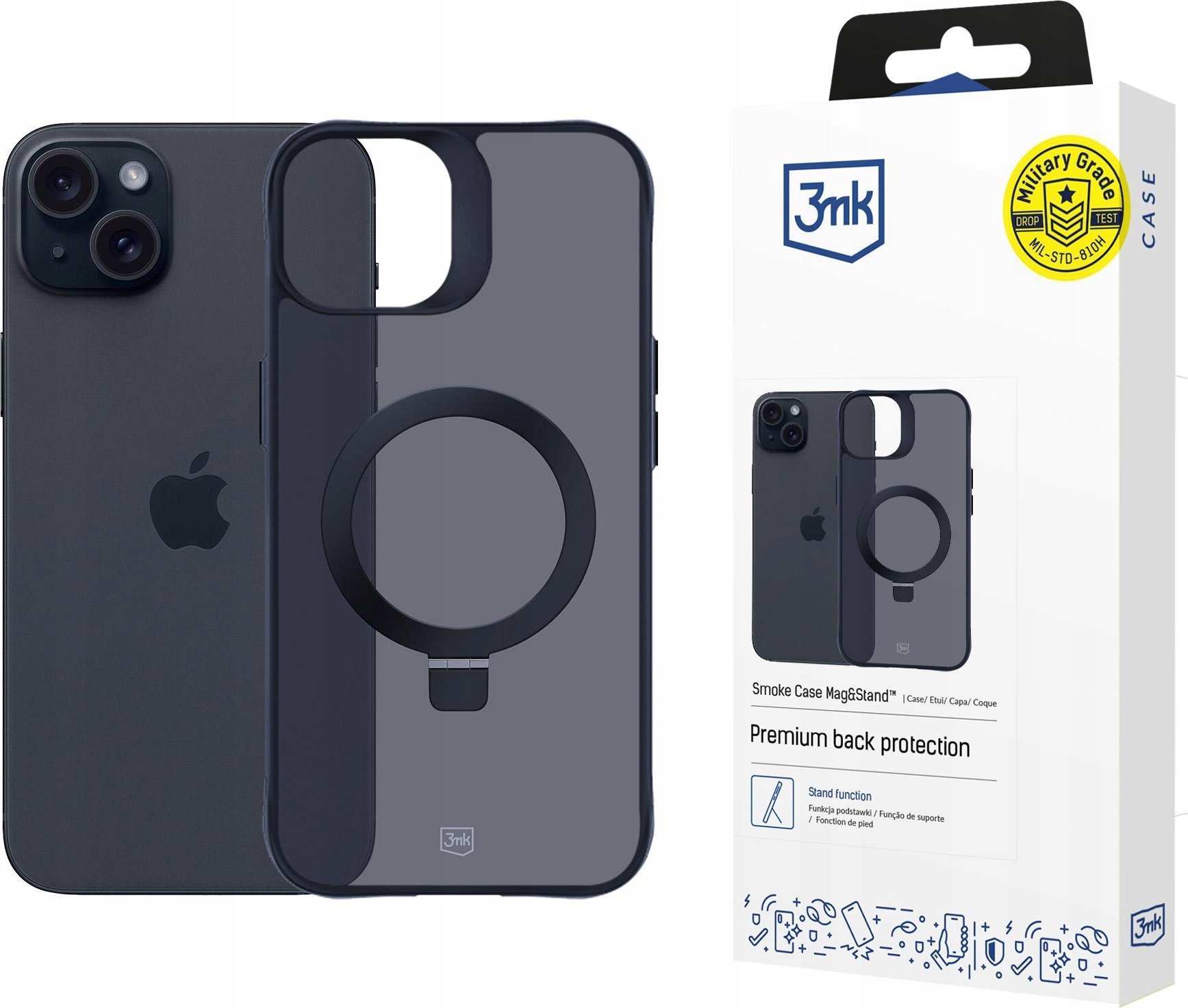 Maskë telefoni 3MK Smoke, për iPhone 15 Plus, MagSafe, me qëndrim, gri e errët