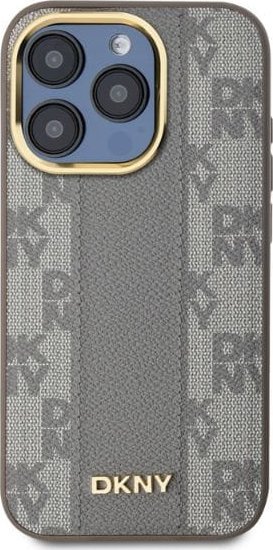 Mbulesë telefon DKNY PU Leather MagSafe për iPhone 15 Pro, dizajn me kuadrate, ngjyrë bezhë