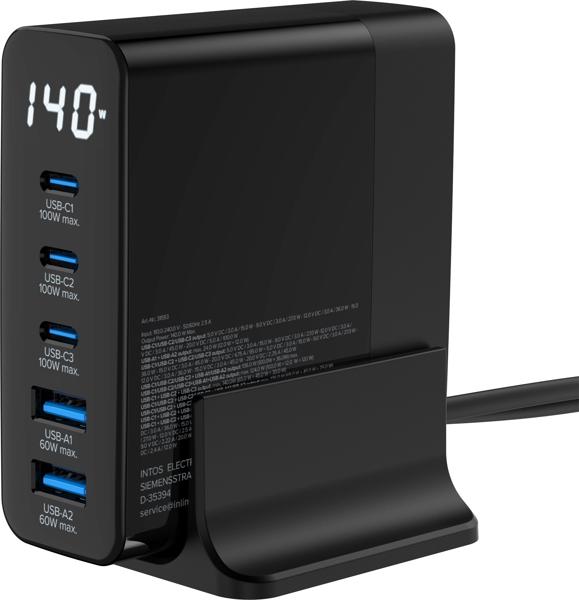 Karikues GaN InLine USB PD, 5 porta, 140W, me ekran