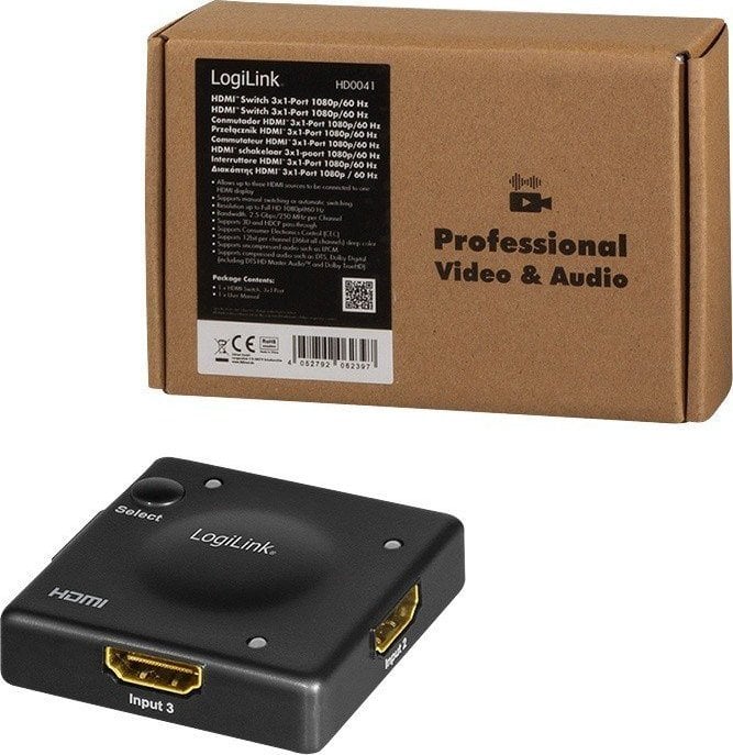 Ndarës HDMI LogiLink 3x1, Full HD 1080p 60Hz, Mini, i zi