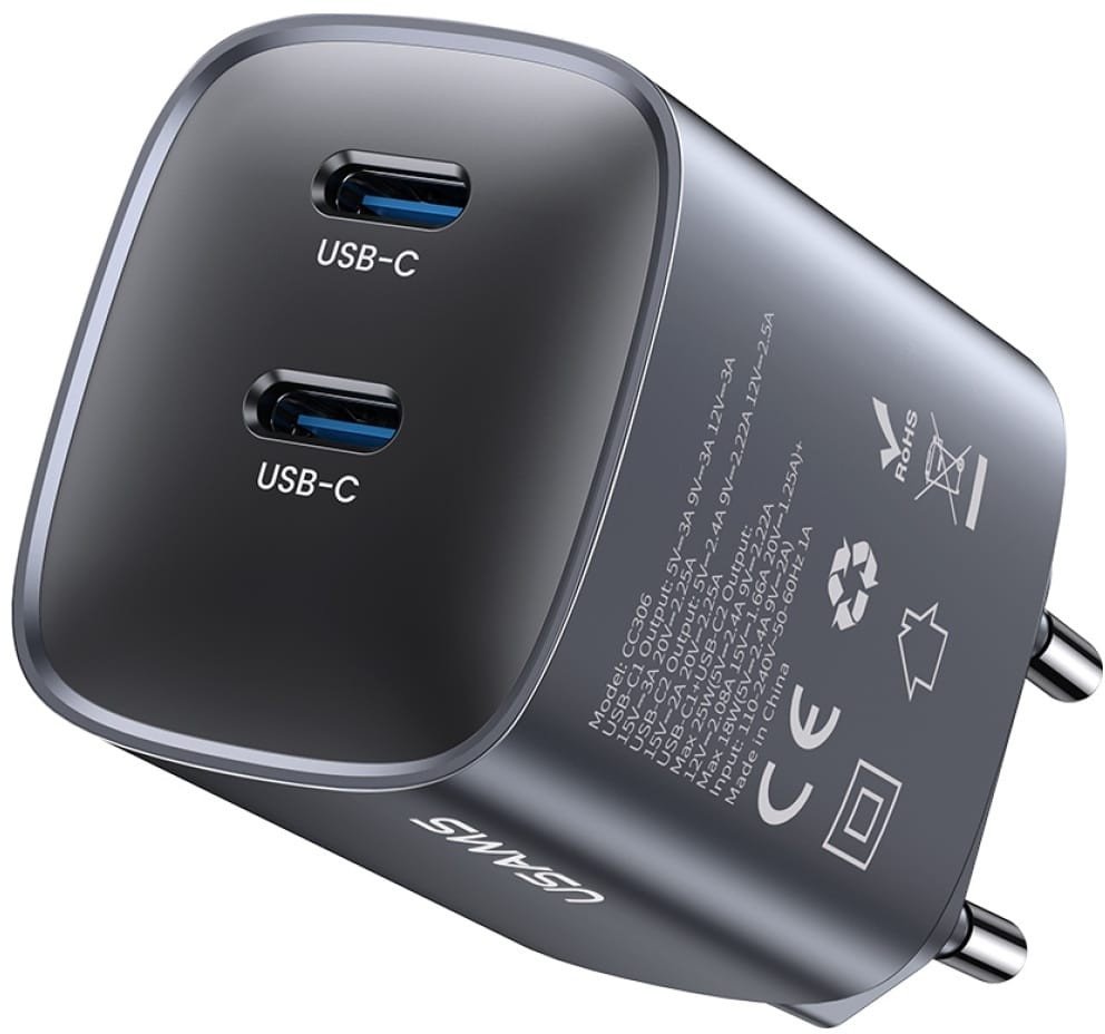 Полнач USB Usams CC305 T66, 45W GaN, 2x USB C, сив
