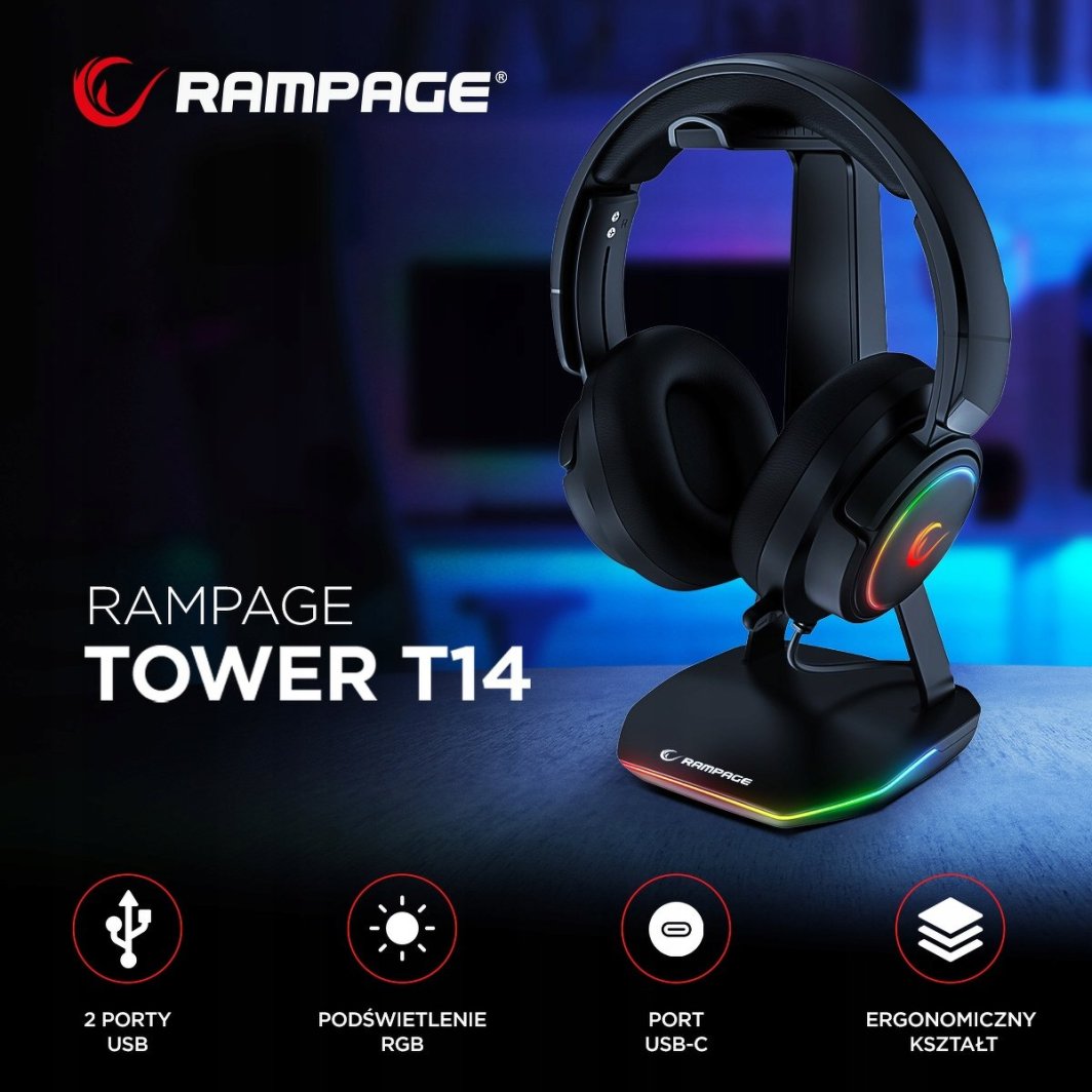 Mbajtëse për kufje Rampage Tower T14, 2x USB