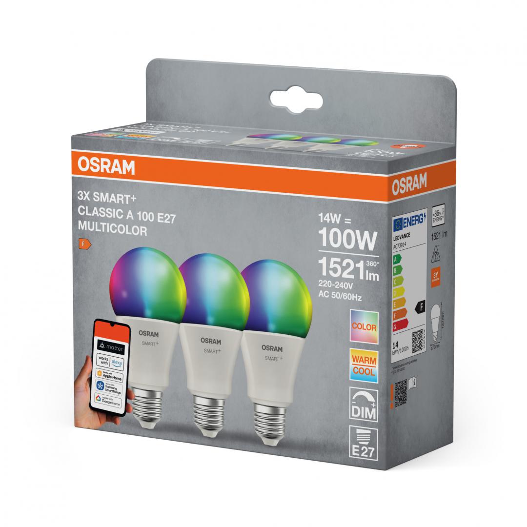 Llambë smart Osram SMART+ Frosted Standard, 14W RGBW 100W ekuivalente, E27, set 3 copë