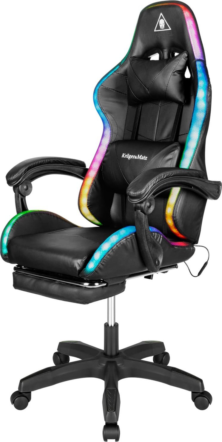 Karrige lojërash Kruger&amp;Matz Warrior, LED RGB, mbështetëse këmbësh, e zezë