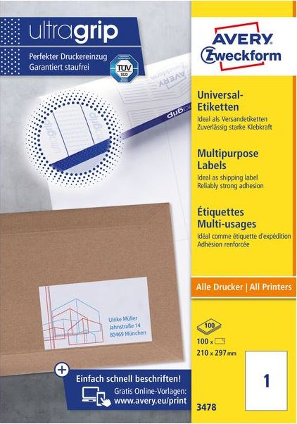 Etiketa vetëngjitëse Avery Zweckform 3478, 210x297mm, paketim 100 copë, të bardha