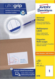 Etiketa vetëngjitëse Avery Zweckform 3478, 210x297mm, paketim 100 copë, të bardha