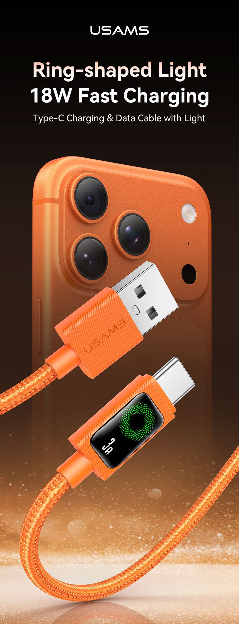 Kabllo karikimi USAMS SJ772 U92, USB A në USB C, 1.2m, 18W, e portokalltë