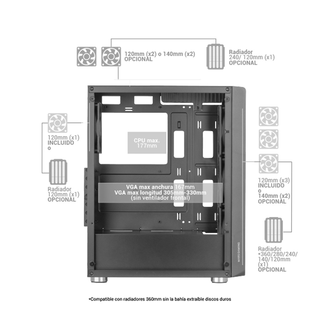 Kasa PC Mars Gaming MCF, MIDI Tower, ATX, RGB, e zezë