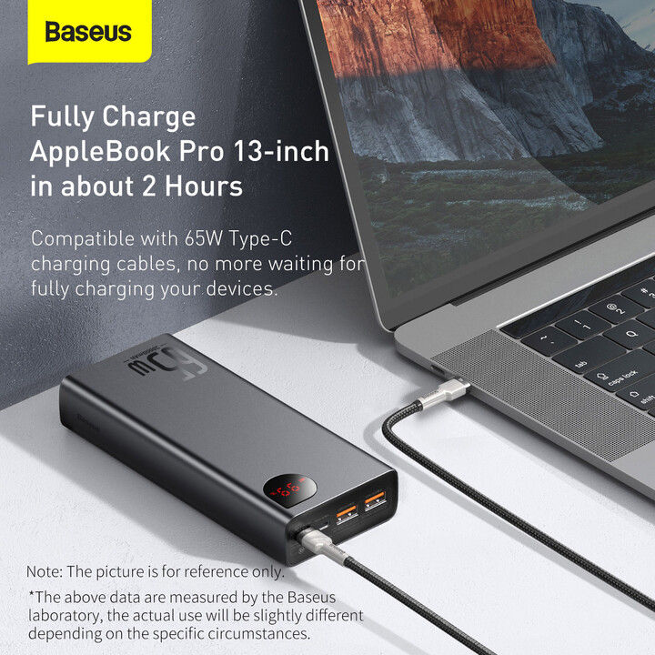 Powerbank me ekran dixhital Baseus Adaman Metal QC + PD, 20000mAh, 65W, i zi + kabllo USB-A/USB-C, 30cm, e zezë