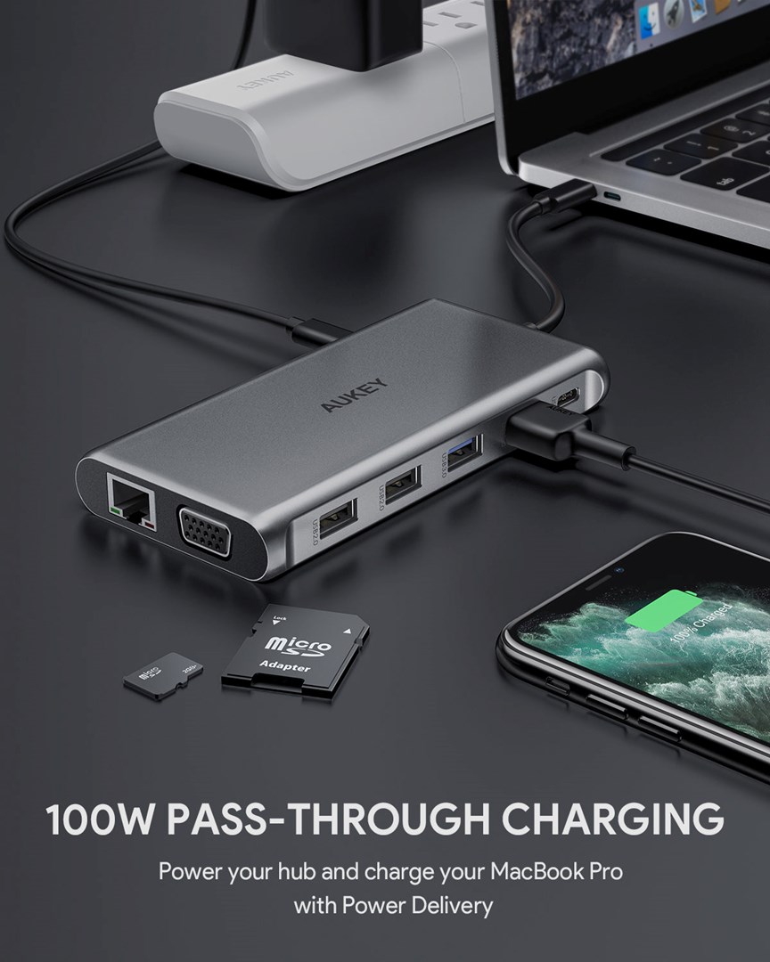 USB Hub Aukey CB-C78, 12-në-1, 5000 Mbit/s, RJ45, USB-C, i argjendtë
