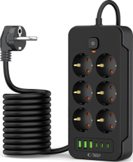 Shteker shumëfishtë Tech-Protect PC6X6, 6 porta 240V, 3x USB A 3x USB C, kabëll 2m, i zi