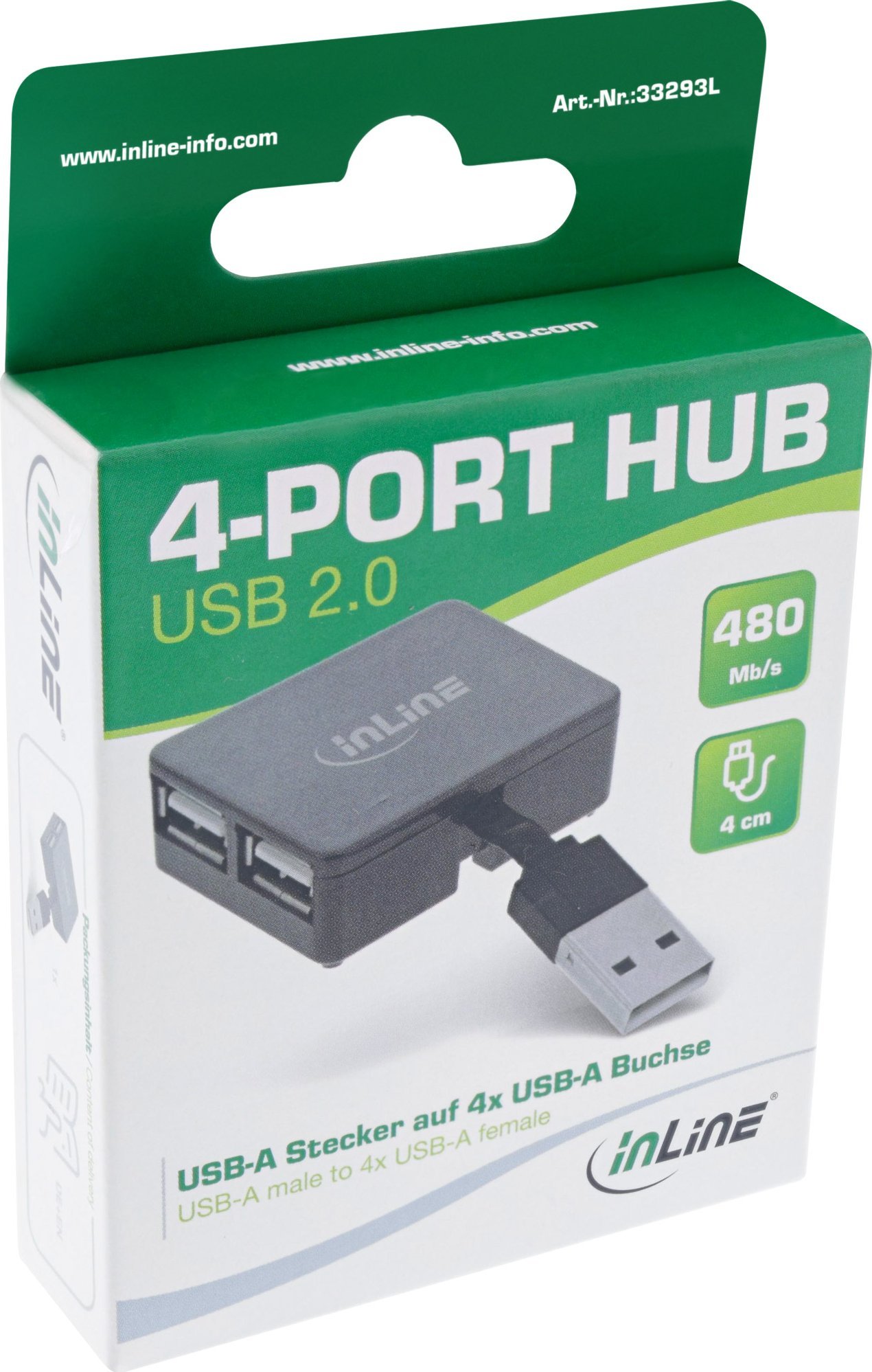 Hub USB InLine 2.0, 4 porta USB A, kabllo 4cm, i zi
