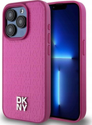 Mbulesë telefoni DKNY PU Leather Repeat Pattern Stack Logo MagSafe për iPhone 15 Pro, mbrojtëse, rozë