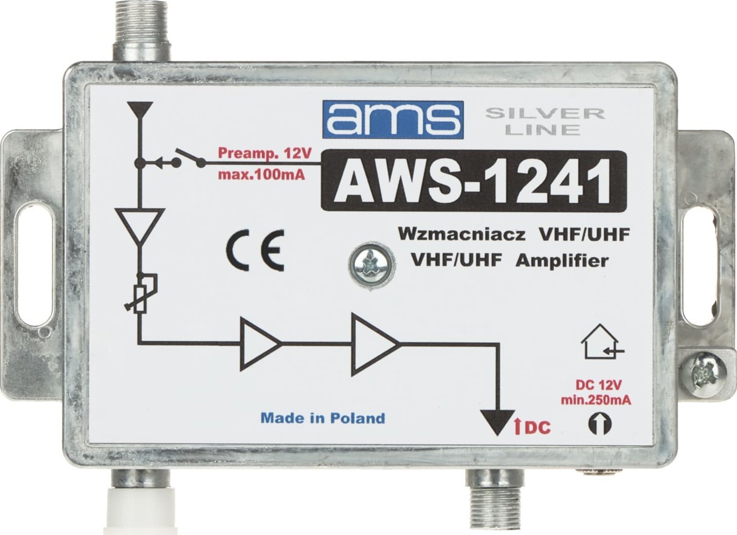 Amplifikator antene AMS AWS-1241, për sinjal TV, kompakt, gri