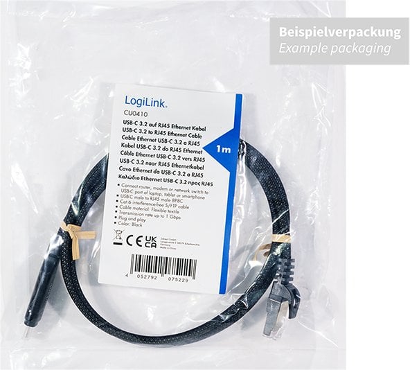 Kabllo rrjeti LogiLink CU0415, USB C në RJ45, 7.5m, Cat6, i zi