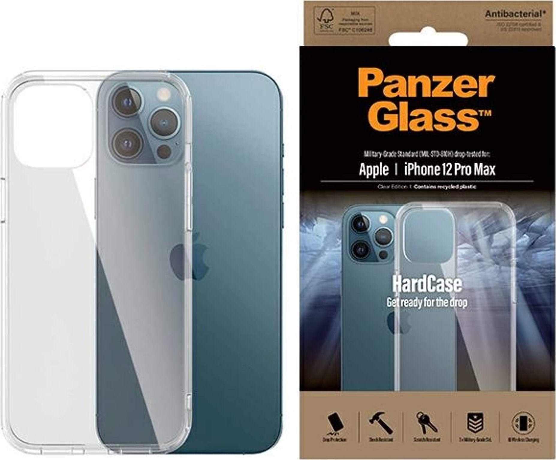 Mbështjellëse PanzerGlass ClearCase për iPhone 12 Pro Max, xham i temperuar antibakterial, mbrojtje ushtarake, transparente