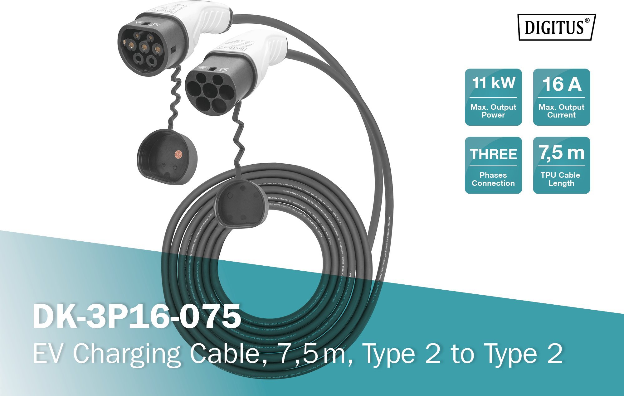 Kabllo karikimi për vetura elektrike Digitus DK-3P16-075 Type 2 në Type 2, 11kW, 7.5m, gri