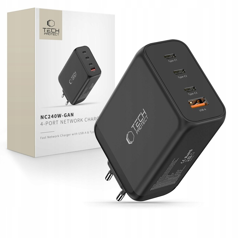 Karikues rrjeti Tech-Protect NC240W GaN, 4 porta, 240W, PD QC3.0, i zi