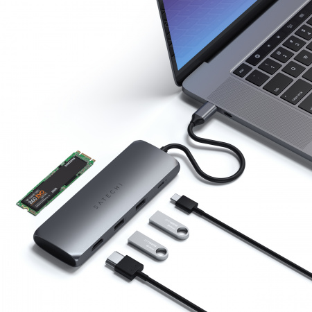 Përshtatës Satechi Aluminium USB-C Hybrid Multiport me kuti për SSD, i hirtë