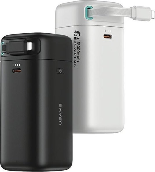 Powerbank Usams, 18000mAh, PD 45W, me kabllo Lightning tërheqëse, i bardhë