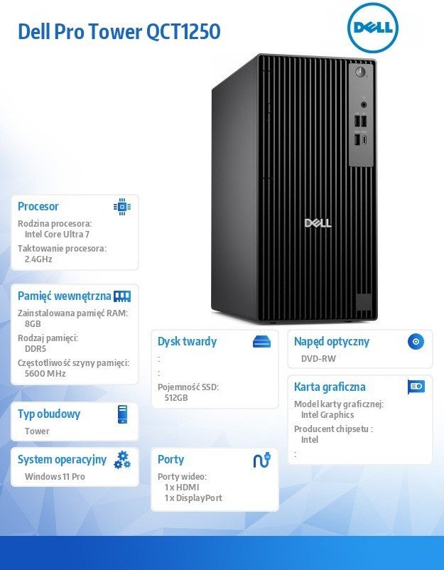 Kompjuter desktop Dell Pro Tower QCT1250, Intel Core i7, 8GB RAM, 512GB SSD