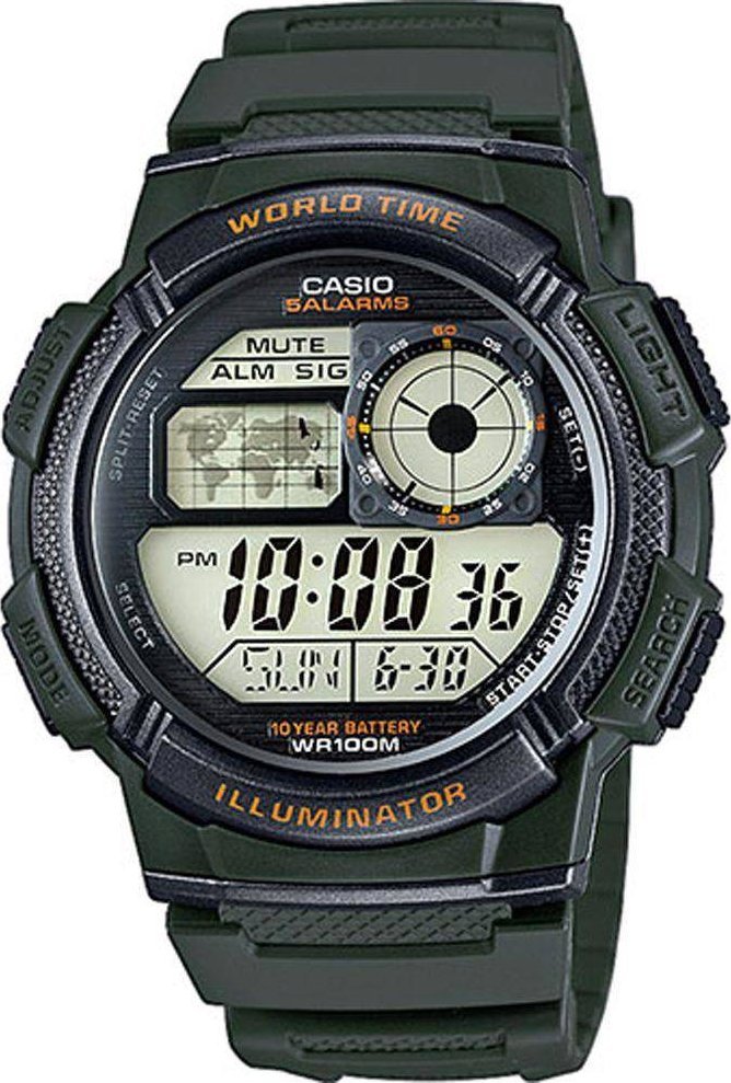 Ora digjitale Casio Illuminator AE-1000W-3A, quartz, 100m rezistente ndaj ujit, jeshile