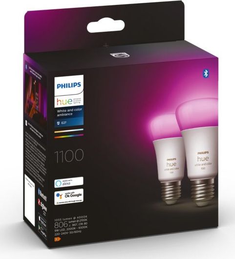 Set llamba inteligjente Philips Hue E27, 9W, RGBW, 2 copë
