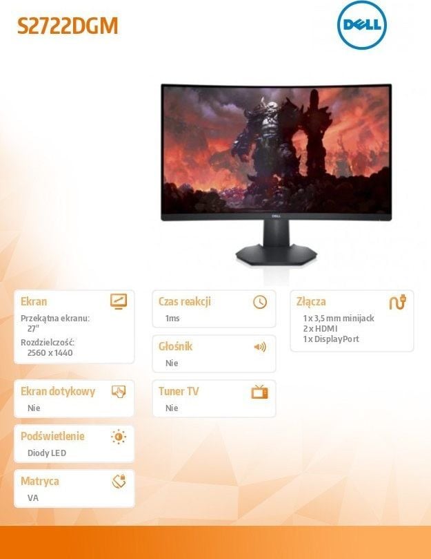 Monitor Dell S2722DGM, 27". 2560 x 1440 (WQHD), i zi 