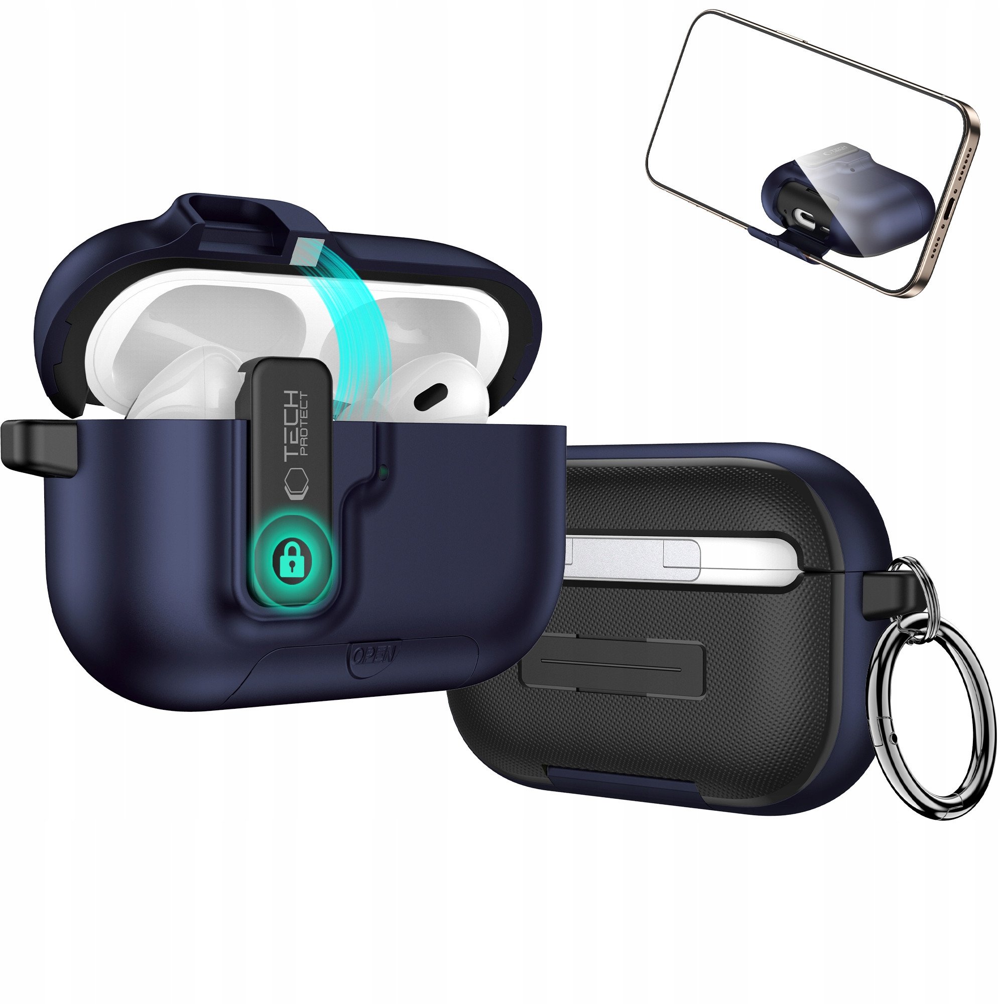Këllëf kufjesh Tech-Protect Slim Hook, për Apple AirPods Pro 3, me karabinë, blu navy