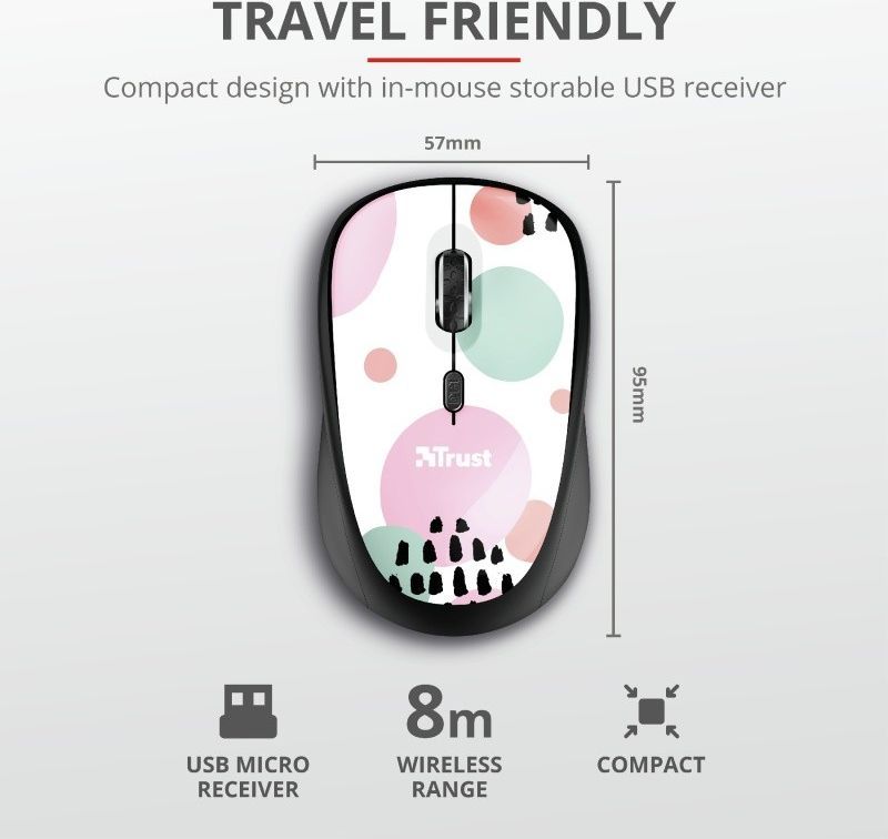 Maus Trust YVI, wireless, USB, i zi dhe rozë