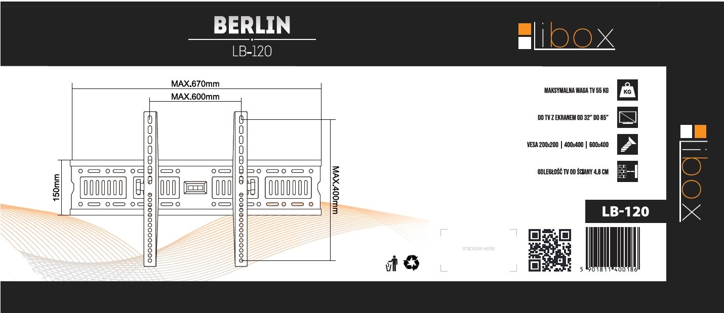 Mbajtëse TV Libox LB-120, 32-85", 55kg, VESA 600x400, e zezë