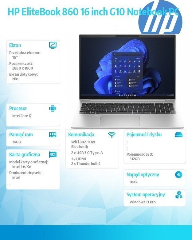 Laptop HP EliteBook 860 G10, 16.0", Intel Core i7-1355U, 16GB RAM, 512GB SSD