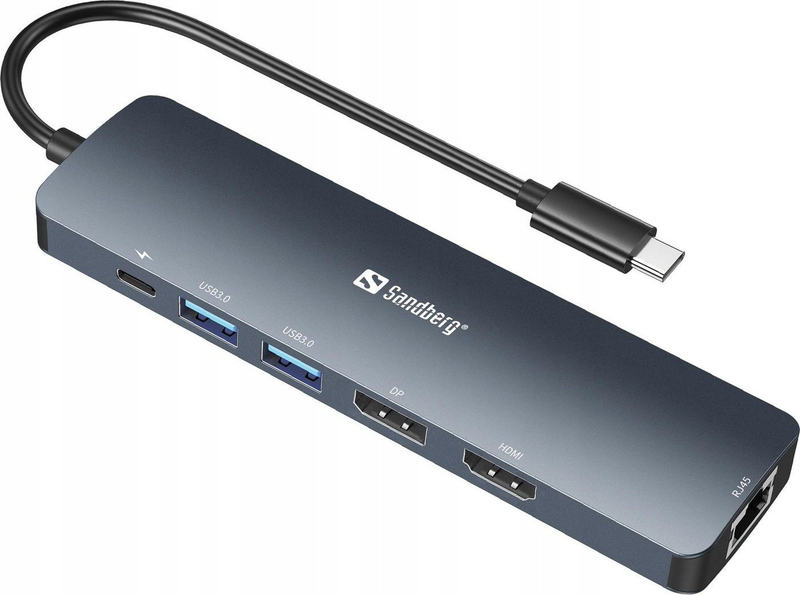 Dock USB C Sandberg 8K Display, 2x HDMI, USB C PD, RJ45, gri