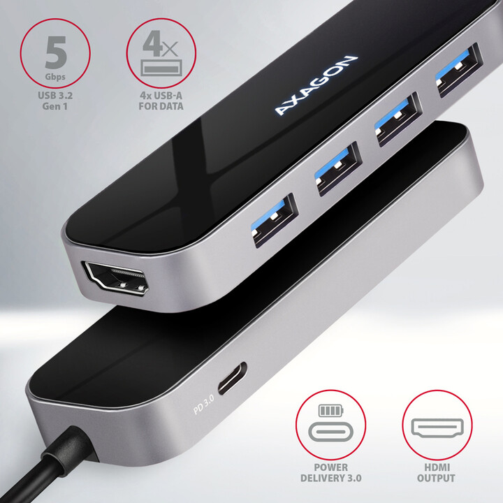 Hub shumëfunksional AXAGON 5në1 USB 3.2 Gen 1, 4x USB-A, HDMI, PD 100W, kabllo USB-C 20cm