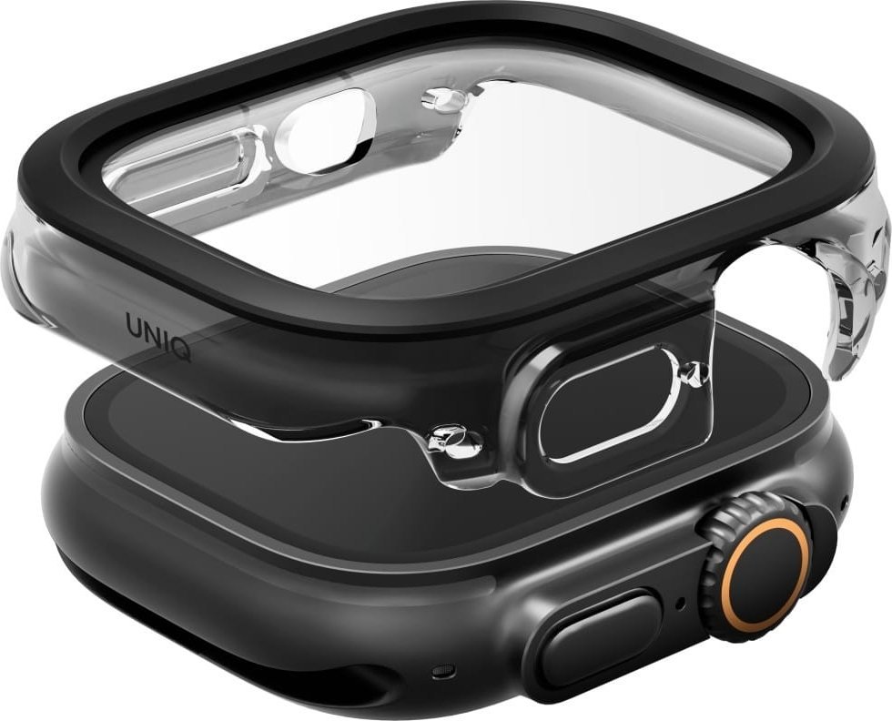 Заштитна маска Uniq Voute за Apple Watch Ultra 49mm, калено стакло, пластична рамка, црна