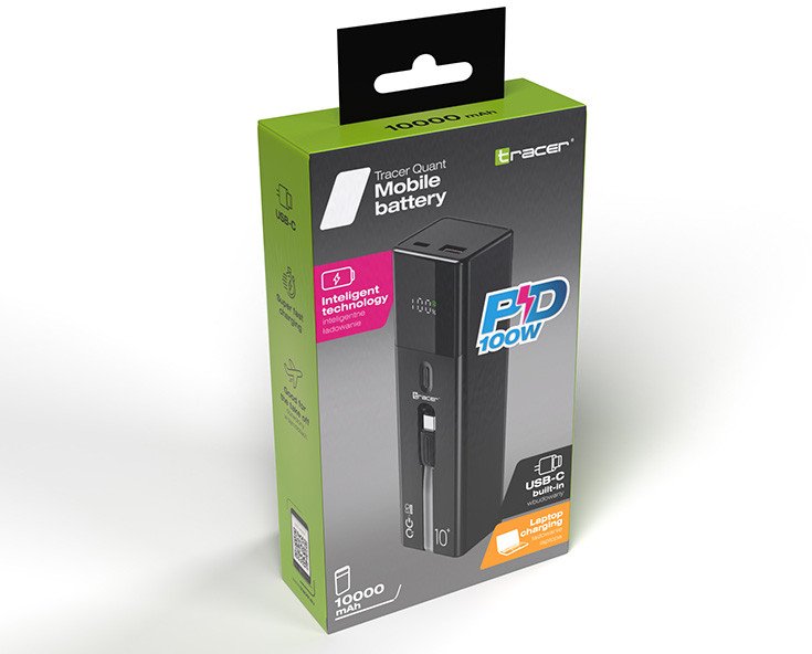 Powerbank Tracer Quant, 10000mAh, 100W PD QC, црн