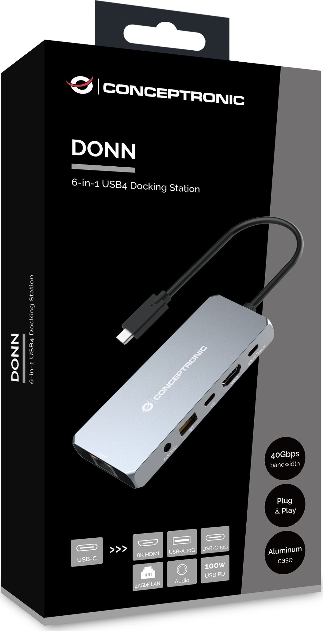 Docking station Conceptronic DONN22G, USB4 6 në 1, 8K HDMI, 2.5Gbps Ethernet, gri