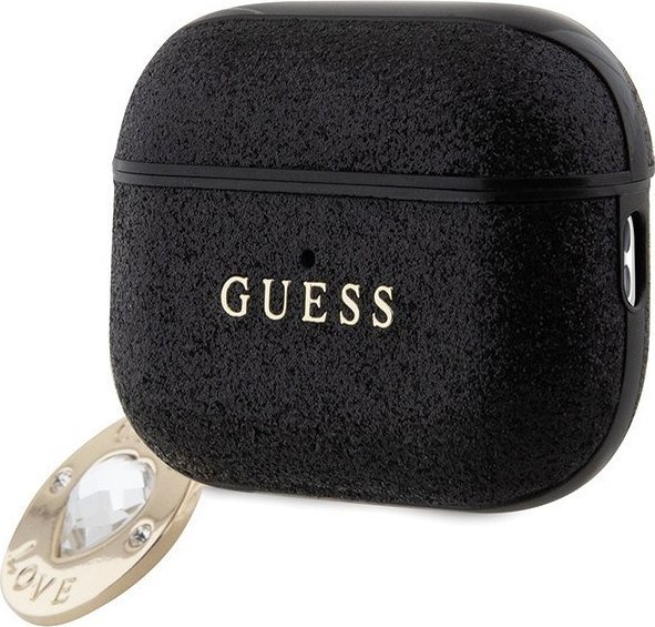 Mbështjellës Guess GUAP2PGEHCDK për AirPods Pro 2, me shkëlqim dhe zemër dekorative, i zi