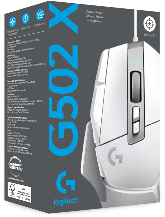 Глувче Logitech G502 X, бела боја