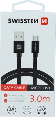 Kабел за полнење Swissten Textile, USB во Micro USB, 3 m, 3A, црн